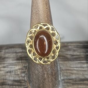 Vintage Louis Stern Amber Glass Gold Plated Filigree Ring Size 7 Art Deco Era